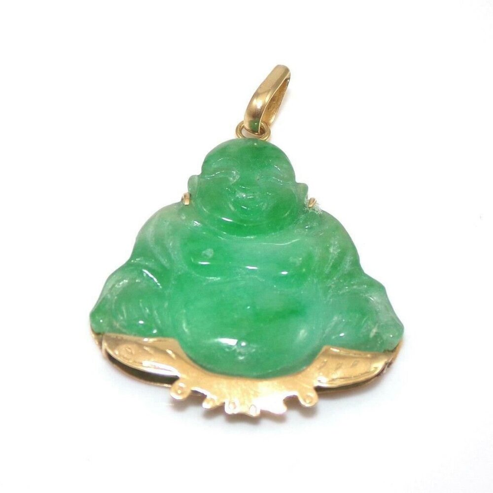 18K Yellow Gold Apple Green Jade Buddha Pendant